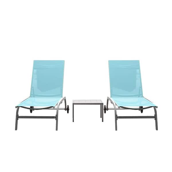 Sudzendf Lake Blue Chaise Lounge with Wheels, Outdoor Lounge Chairs with 5-Adjustable Position(2-Lounge Chairs Plus 1-Table)