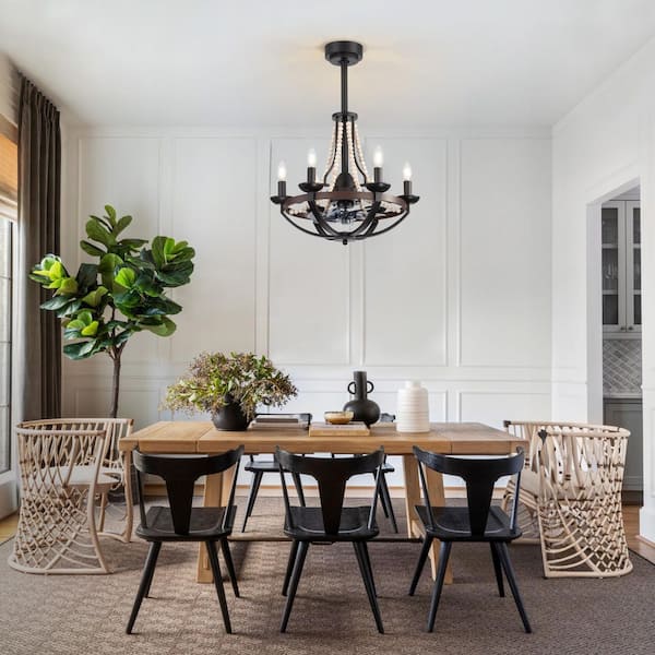 Pickering 22 in. 6-Light Black Farmhouse Fandelier Ceiling Fan with Downrod and Remote with Decorative Wooden Beads.