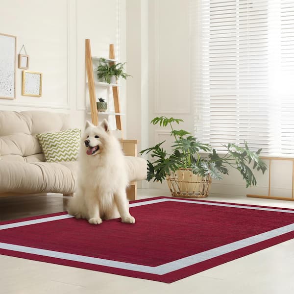 Everest Burgundy Creme 8 ft. x 10 ft. Machine Washable Geometric Modern Border Polyester Non-Slip Backing Area Rug