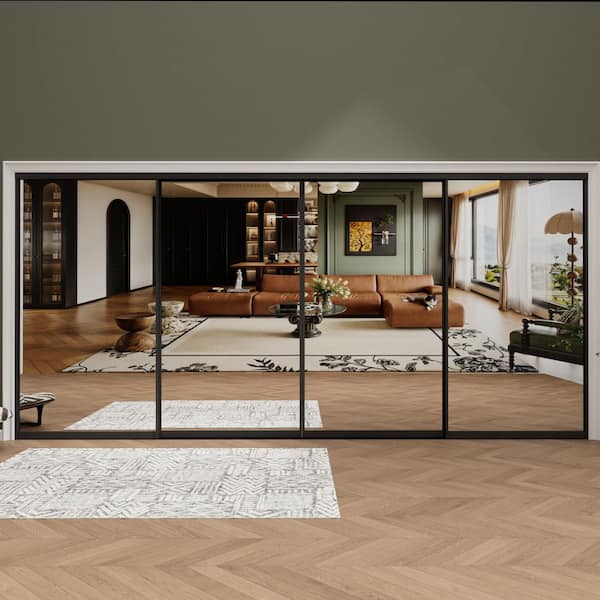 144 in. x 80 in. 1-Lite Black Mirrored Glass and Aluminum Frame Finished Closet Sliding Door with Hardware Kit