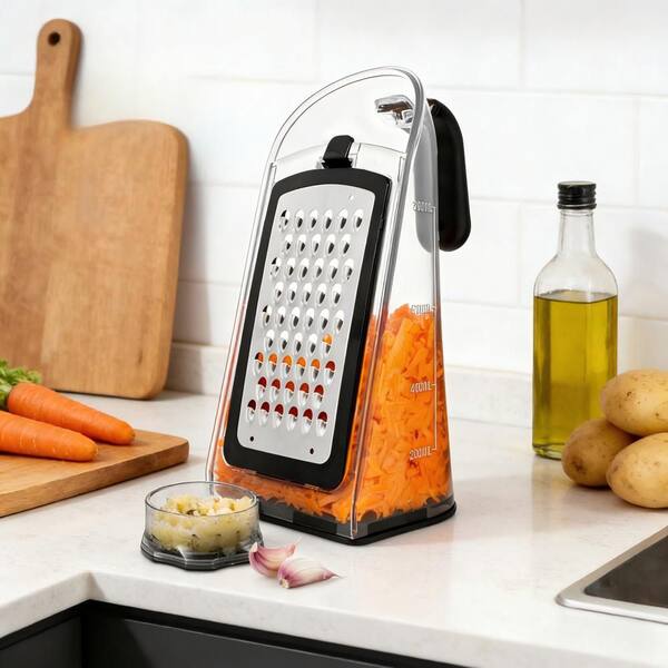 Clear Plastic Stainless Steel Kitchen Grater with Storage Container, 3 Grating Surfaces, Garlic Press, Vegetable Peeler