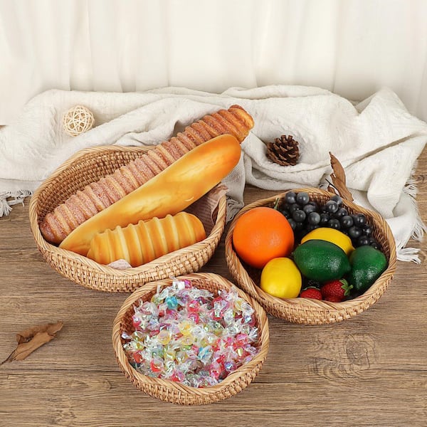 1-Piece 8.5 in. Natural Rattan Fruit Bowl, Hand Woven Basket Tray for Bread, Fruit, Key, Decorative Baskets Bowl
