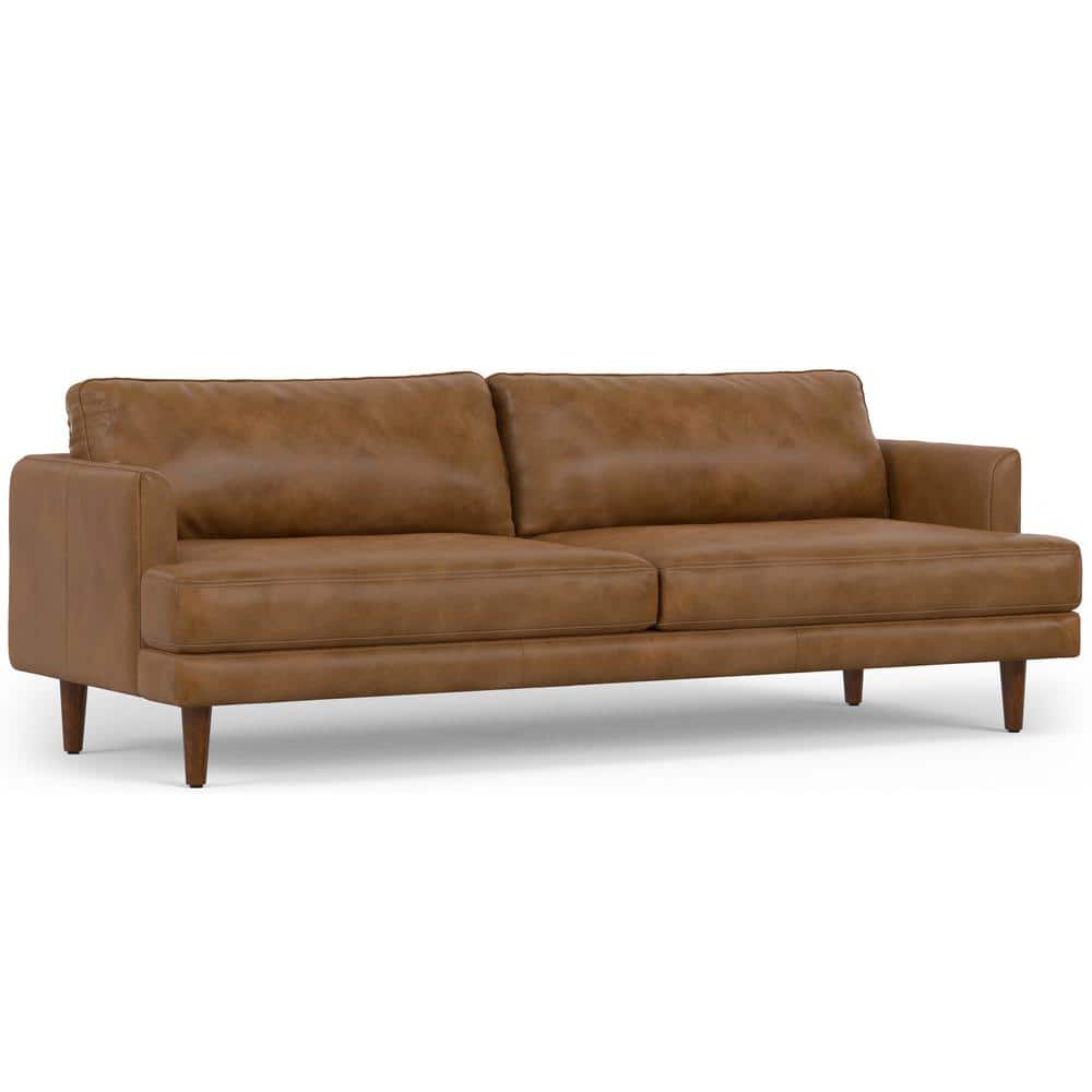 Caramel Brown Genuine Leather Mid-Century Modern Sofa with Removable Cushions