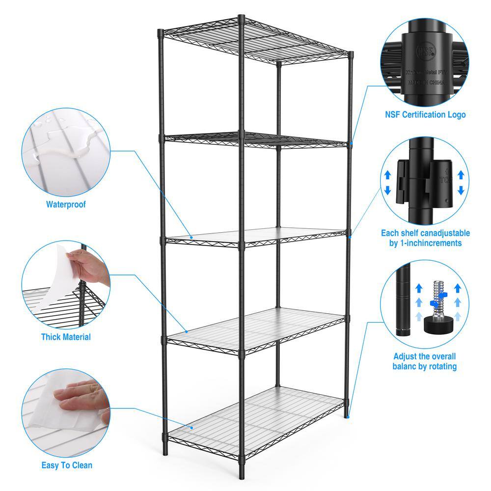 Black 72" Metal 5-Tier Adjustable Wire Shelving Unit