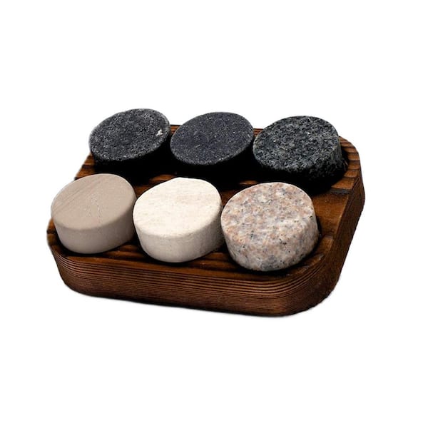 6-Pack Multi-Colored Whiskey Chilling Stones with Hardwood Storage Tray, Handcrafted Premium Granite Round Sipping Rock