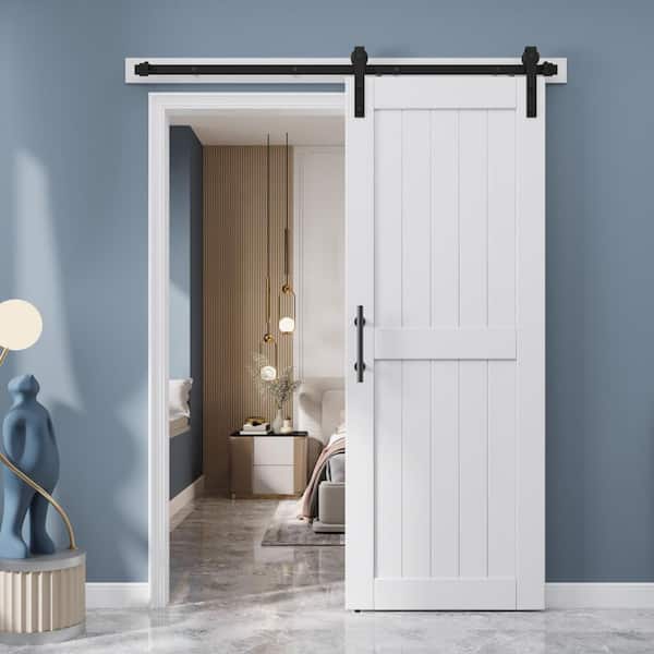 30 in. x 84 in. 1 Pack H-Frame White Finished Solid Core Wood Composite Sliding Barn Door with Hardware Kit