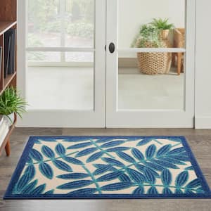 Aloha Navy 3 ft. x 4 ft. Floral Contemporary Indoor/Outdoor Patio Kitchen Area Rug