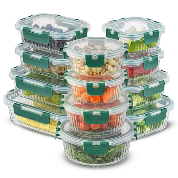 12 Fluted Glass Storage Containers With Leakproof Lids Green