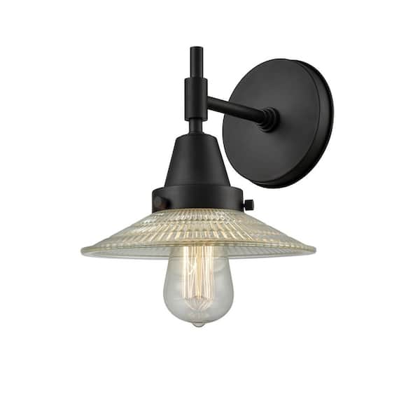 Halophane 1-Light Matte Black, Clear Halophane Wall Sconce with Clear Glass Shade