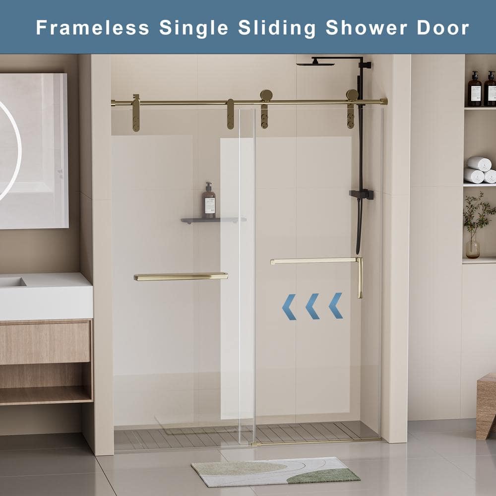 60" Gold Frameless Single Sliding Shower Door with Clear Tempered Glass