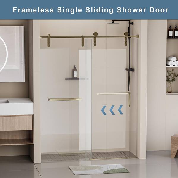 56 in. to 60 in. W x 76 in. H Single Sliding Frameless Shower Door in Gold Finish with 5/16" (8 mm) Tempered Clear Glass
