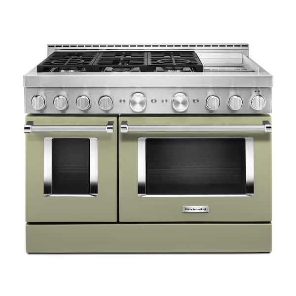 KitchenAid 48 in. 6.3 cu. ft. Smart Double Oven Commercial-Style Gas Range with Griddle and True Convection in Avocado Cream