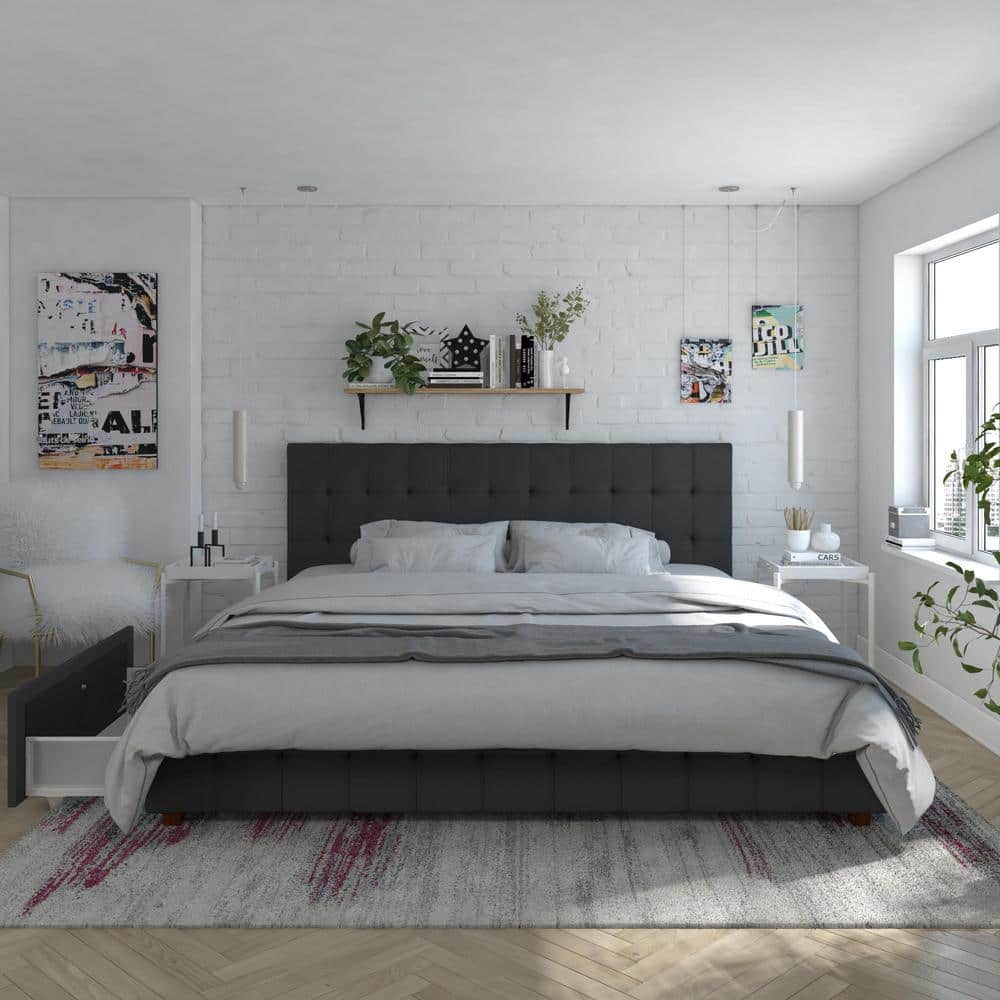 Elizabeth King Black Velvet Upholstered Storage Platform Bed