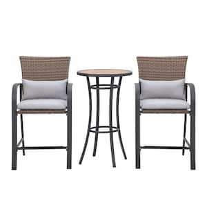 3-Piece Metal Patio Bar Sets Outdoor Dining Set Pub Table with Bar Stools and Gray Cushions