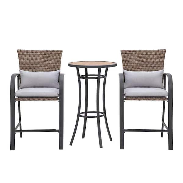 Unbranded 3-Piece Metal Patio Bar Sets Outdoor Dining Set Pub Table with Bar Stools and Gray Cushions