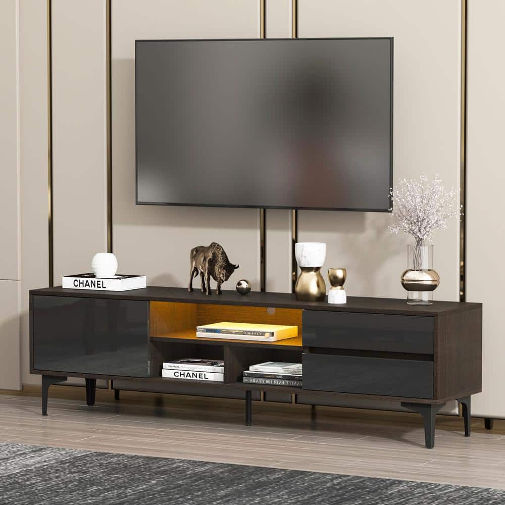 Amazon.com: JUMMICO TV Stand, Modern Lighting TV Cabinet Entertainment  Center Media and Open Shelf, TV Console Table with 1 Drawer and Remote  Control, 