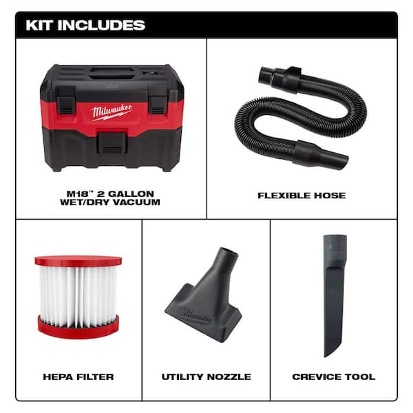 cigaret Kristus mild Milwaukee M18 18-Volt 2 Gal. Lithium-Ion Cordless Wet/Dry Vacuum with  AIR-TIP 1-1/4 in. - 2-1/2 in. (2-Piece) Brush and Nozzle Kit  0880-20-49-90-2028-49-90-2038 - The Home Depot