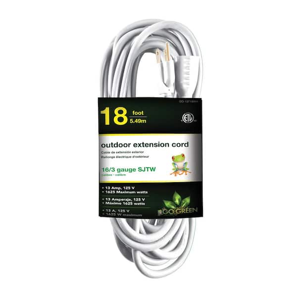 GoGreen Power 18 ft. 16/3 Heavy Duty Extension Cord, White