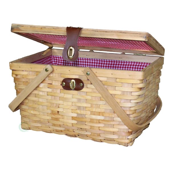 Vintiquewise 14.5 in. W x 10 in. D x 8.8 in. H Wood Large Gingham Lined Picnic Basket