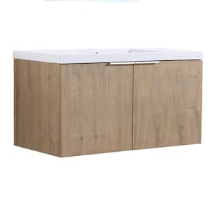 FINE 35.4 in. W x 18.1 in. D x 19.8 in. H Single Sink Wall Mount Bath Vanity in Light Oak with White Acrylic Top Sink