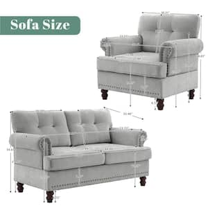 Modern 2-Piece Grey Polyester Nailhead Trim Flared Arm Tufted Back Sofa Set Chair and Loveseat Sofa Living Room Set