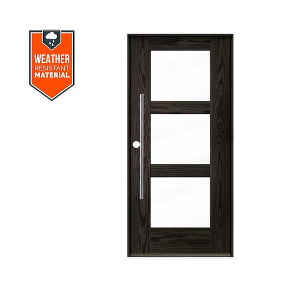 Modern Faux Pivot 36 in. x 79 in. 3-Lite Right-Hand/Inswing Clear Glass Baby Grand Stain Fiberglass Prehung Front Door