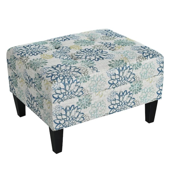 Zahra Light Brown and Blue Floral Tufted Fabric Upholstered Accent Ottoman with Solid Wood Legs