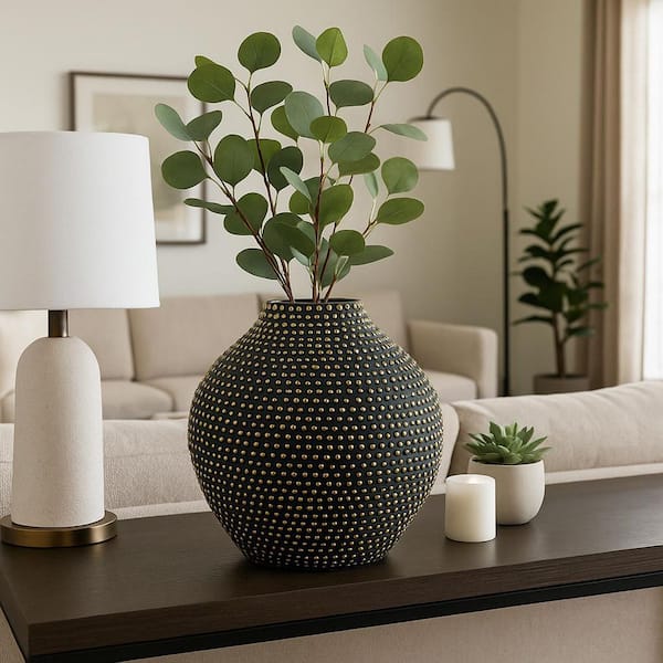 16 in. Black and Gold Ceramic Round Beaded Decorative Vase