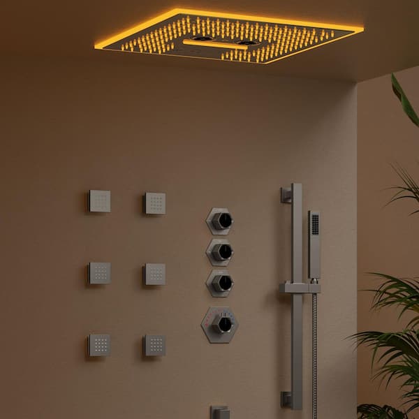 16 in. Square Aurora Shower System 17-Spray Dual Ceiling Mount Fixed and Handheld Shower Head 2.5 GPM in Brushed Nickel