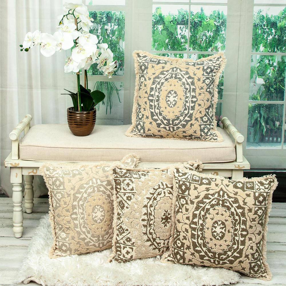 Abu Beige and Gray Embroidered Cotton Square Throw Pillow