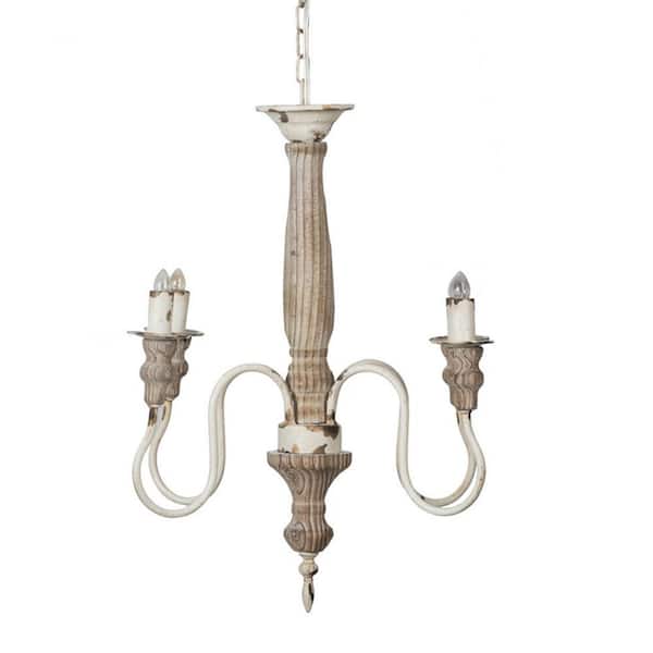60-Watt 4-Light Cream White Wood Chandelier Hanging Light Fixture for Dining Living Room No Blub E12