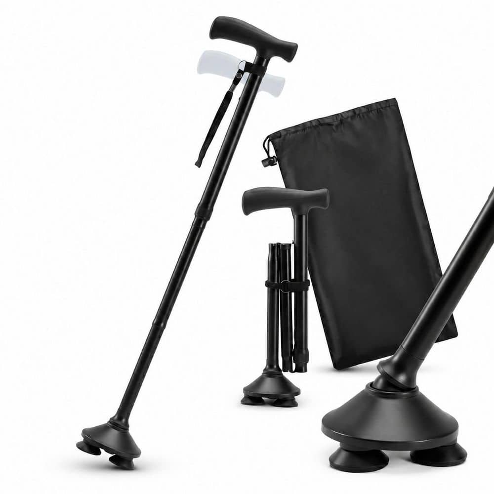 Foldable Adjustable 30 to 37 in. Black Aluminum Walking Cane with Storage Bag and Pivoting Base