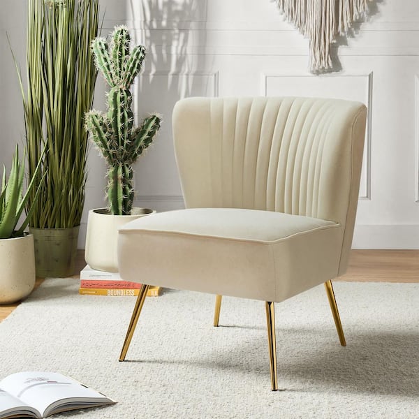 JAYDEN CREATION Monica Modern Tan Velvet Comfy Living Room Side Chair with Golden Metal Legs