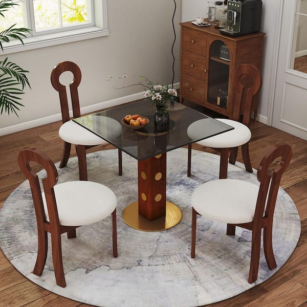 33.46 in. Gray Square Glass Top Solid Wood Dining Table Pedestal Base For Conversation, Breakfast, Bistro Seats 3