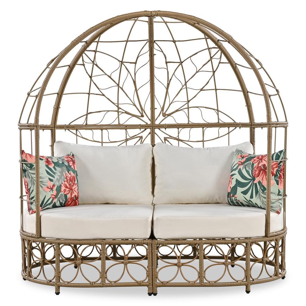 1-Piece Wicker Outdoor Day Bed Sunbed with Beige Cushions and Colorful Pill