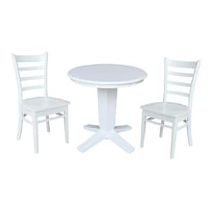 Aria White Solid Wood 30 in. Round Top Pedestal Dining Table Set with 2 Emily Chairs, Seats 2