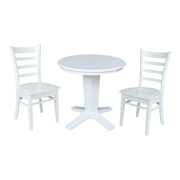 International Concepts Aria White Solid Wood 30 in. Round Top Pedestal Dining Table Set with 2 Emily Chairs, Seats 2