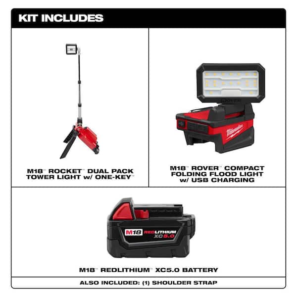 M18 ONE-KEY 18-Volt Lithium-Ion Cordless ROCKET Dual Pack Tower Light w/ Flood Light & 5.0 Ah Battery