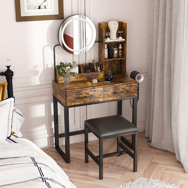 Unbranded Brown Makeup Vanity Table w/ 3-Color LED Lights, Power Outlet,  2-Big Drawers, Dressing Table for Bedroom Dressing Room HL-W509P297015