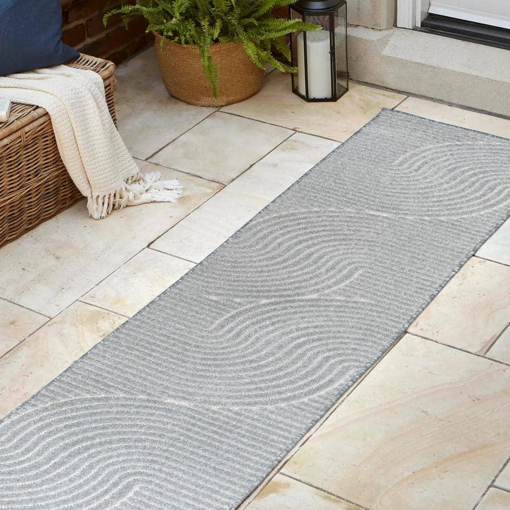 Light Blue and Cream Geometric Synthetic Runner Rug, 2 x 8