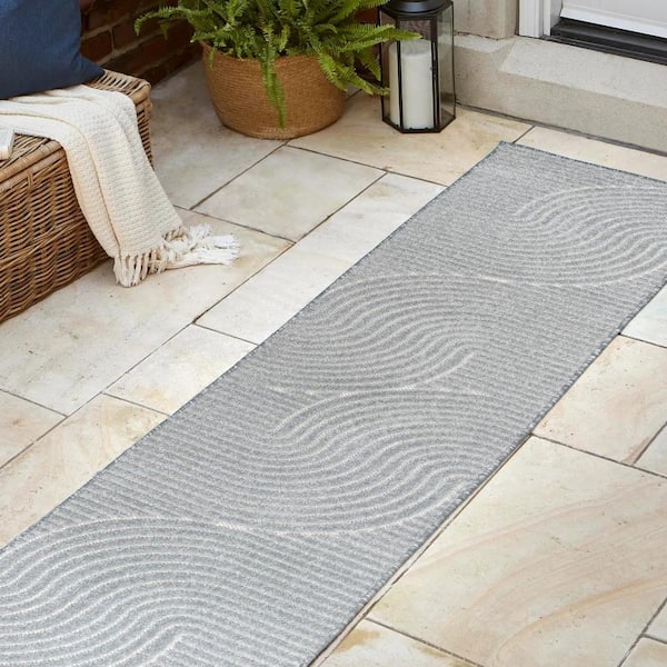 JONATHAN Y Hallie High-Low Minimalist Curve Geometric Light Blue/Cream 2 ft. x 8 ft. Indoor/Outdoor Runner Rug