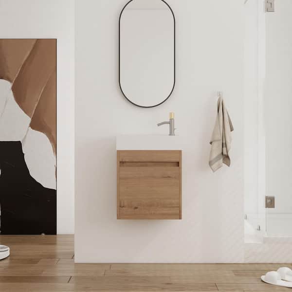 18 in. Wall-Mounted Single Oak Bath Vanity with White Resin Vanity Top Assembled