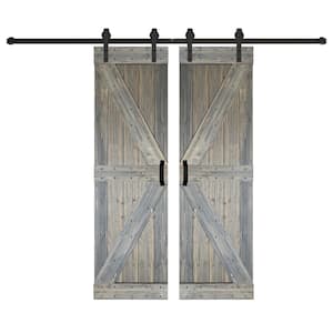 K Series 60 in. x 84 in. Aged Barrel Finished DIY Solid Wood Double Sliding Barn Door with Hardware Kit