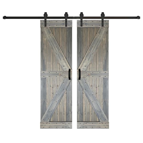 ISLIFE K Series 60 in. x 84 in. Aged Barrel Finished DIY Solid Wood Double Sliding Barn Door with Hardware Kit
