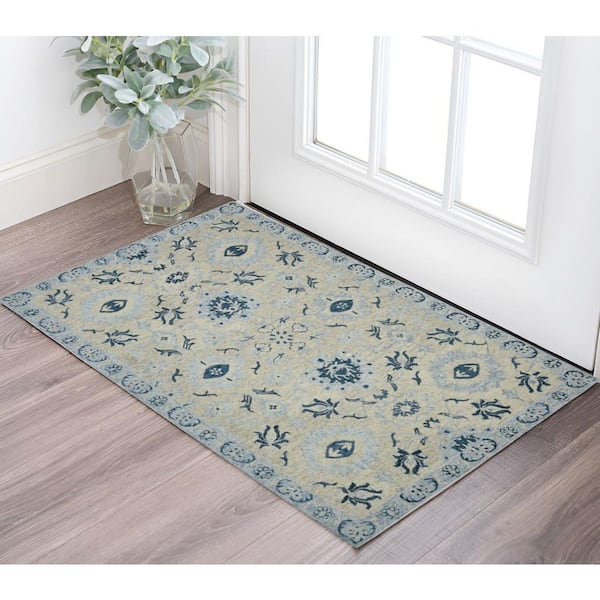 2 ft. x 3 ft. Gray Dark Blue And Light Blue Wool Floral Medallion Hand Hooked Area Rug