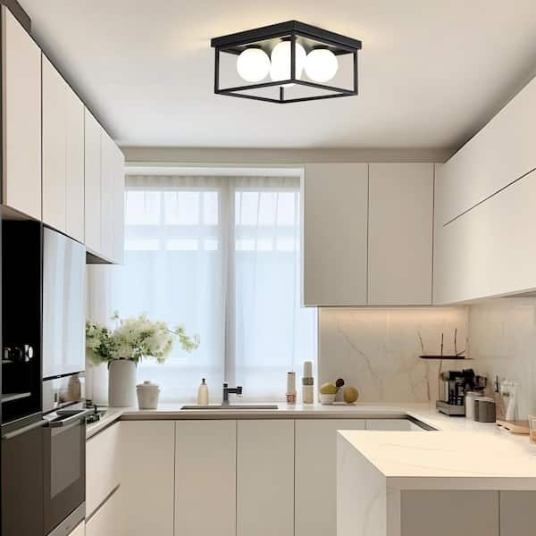 Jger 12 in. Modern Matte Black Rectangle Semi-Flush Mount Ceiling Light with Frosted Glass Shade for Kitchen and Bedroom