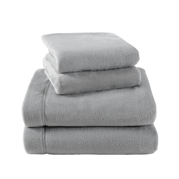 Laura Ashley LA Solid 4-Piece Gray Plush Fleece Microfiber King Sheet Set