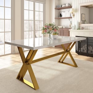 Natural Marble Top 71 in. Pedestal Dining Table with X-Shape Stainless Steel (Seat of 6 to 8)