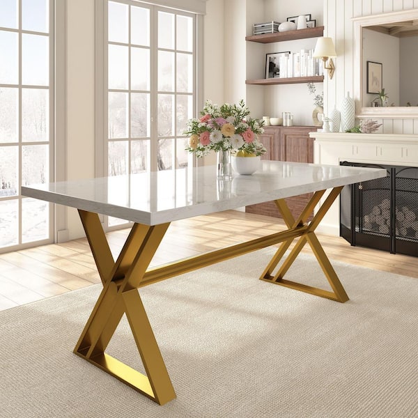 Clihome Natural Marble Top 71 in. Pedestal Dining Table with X-Shape Stainless Steel (Seat of 6 to 8)