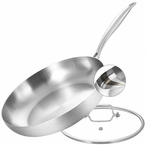 12 Inch Tri-Ply Stainless Steel Frying Pan with Glass Lid and Detachable Handle, Induction Compatible, Oven Safe